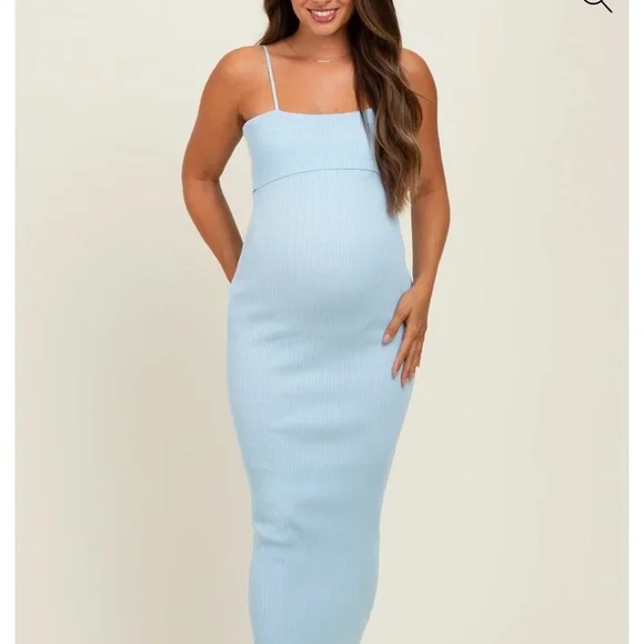 💙NWT Baby Blue Rib Knit Off Shoulder Maternity Midi Dress - Picture 4 of 9